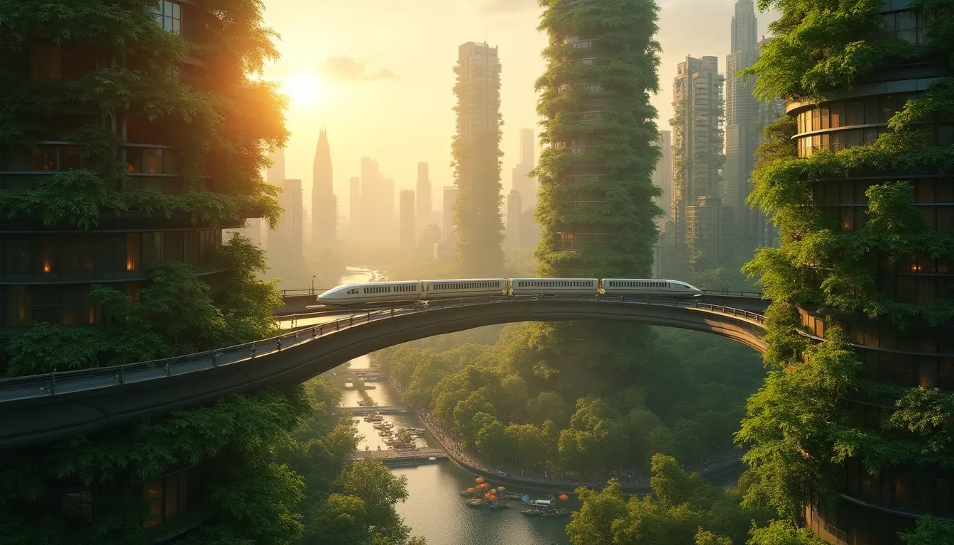 A reimagined green metropolis at golden hour — vertical forests, an elevated transit line, terraced gardens below.